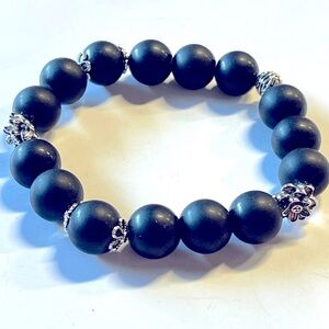 Natural Black Obsidian Stretchy Bracelet with Lotus Flowers Charm